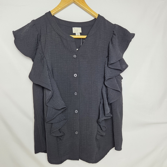a new day Tops - A New Day Black Ruffle-Trim Button Front Top Small Short Sleeve Business Casual